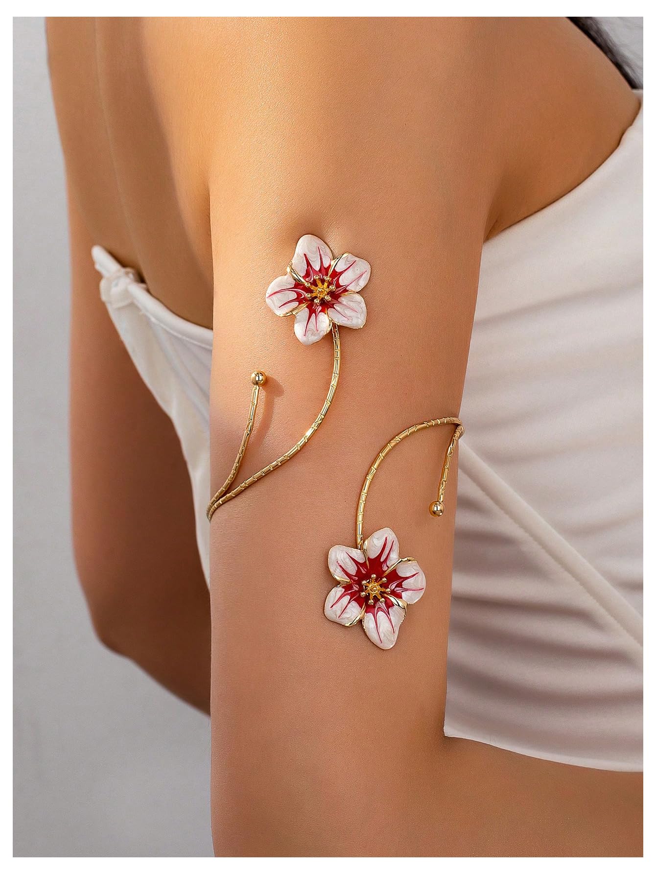 MakeMeChic Beach Gold Arm Cuff Jewelry for Women Bangle Band Armlet Flower Upper Arm Cuff Bracelet Summer Beach Essentials White and Pink One-Size