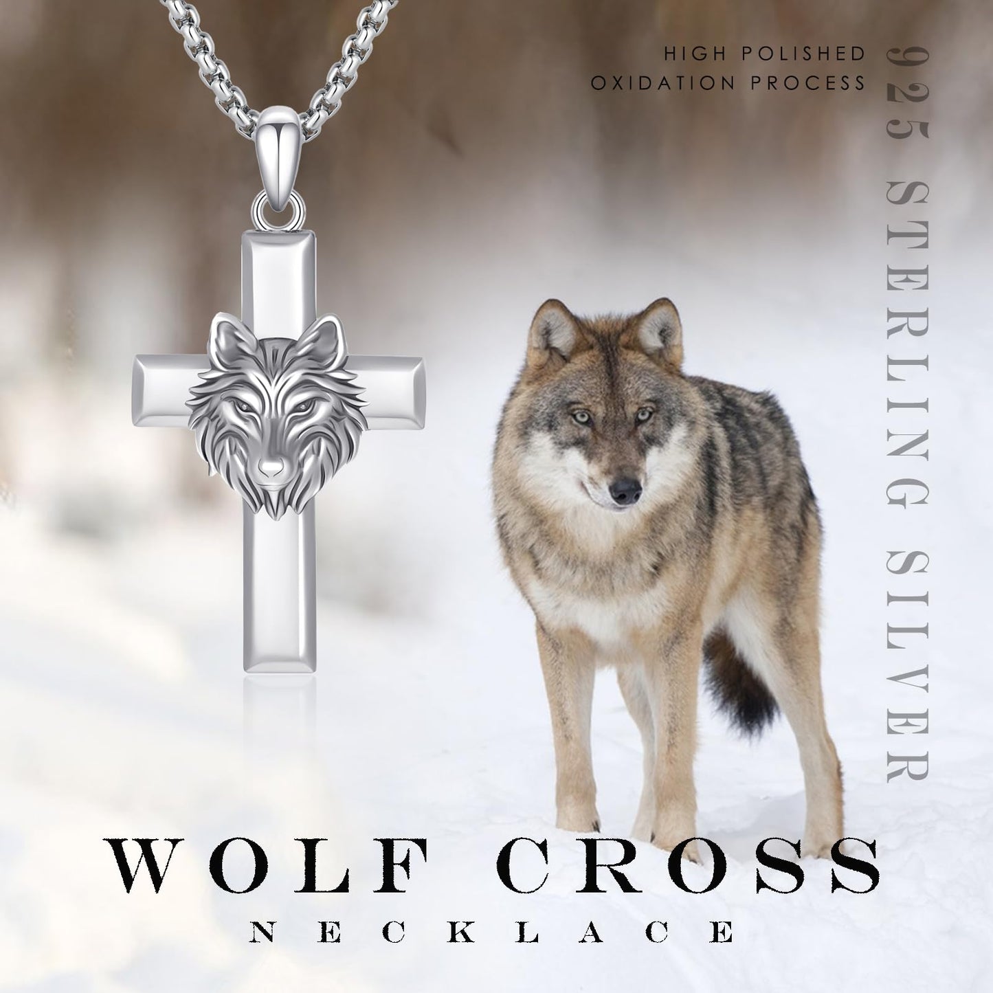 YEESIA Cross Necklace for Men 925 Sterling Silver Wolf Necklace Pendant Christian Protect Jewelry Wolf Gifts for Men Husband
