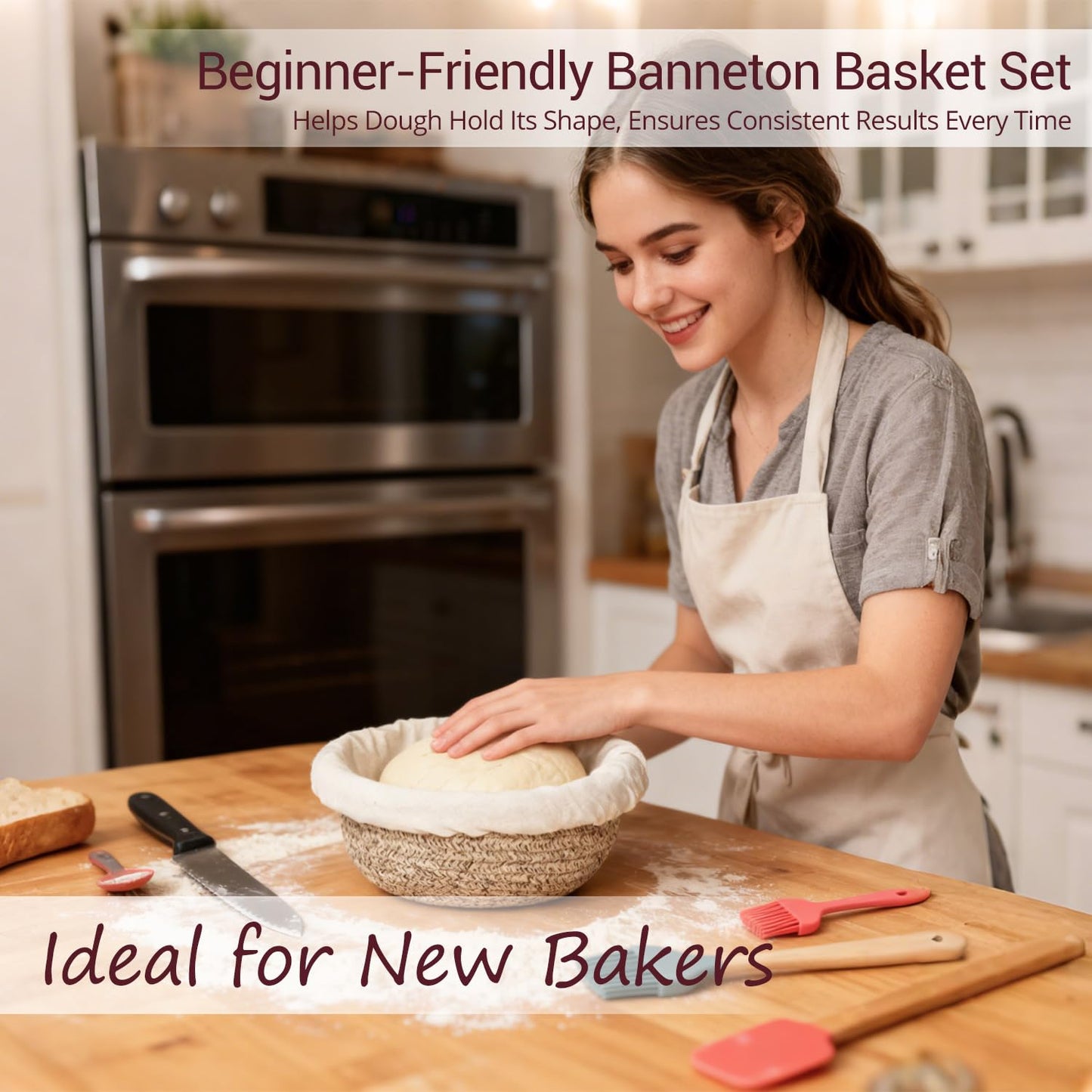 Sourdough Proofing Basket - Banneton Bread Proofing Basket, 9" Round & 10" Oval Cotton Rope Banneton Basket Set with Liners & Covers for Bread Baking