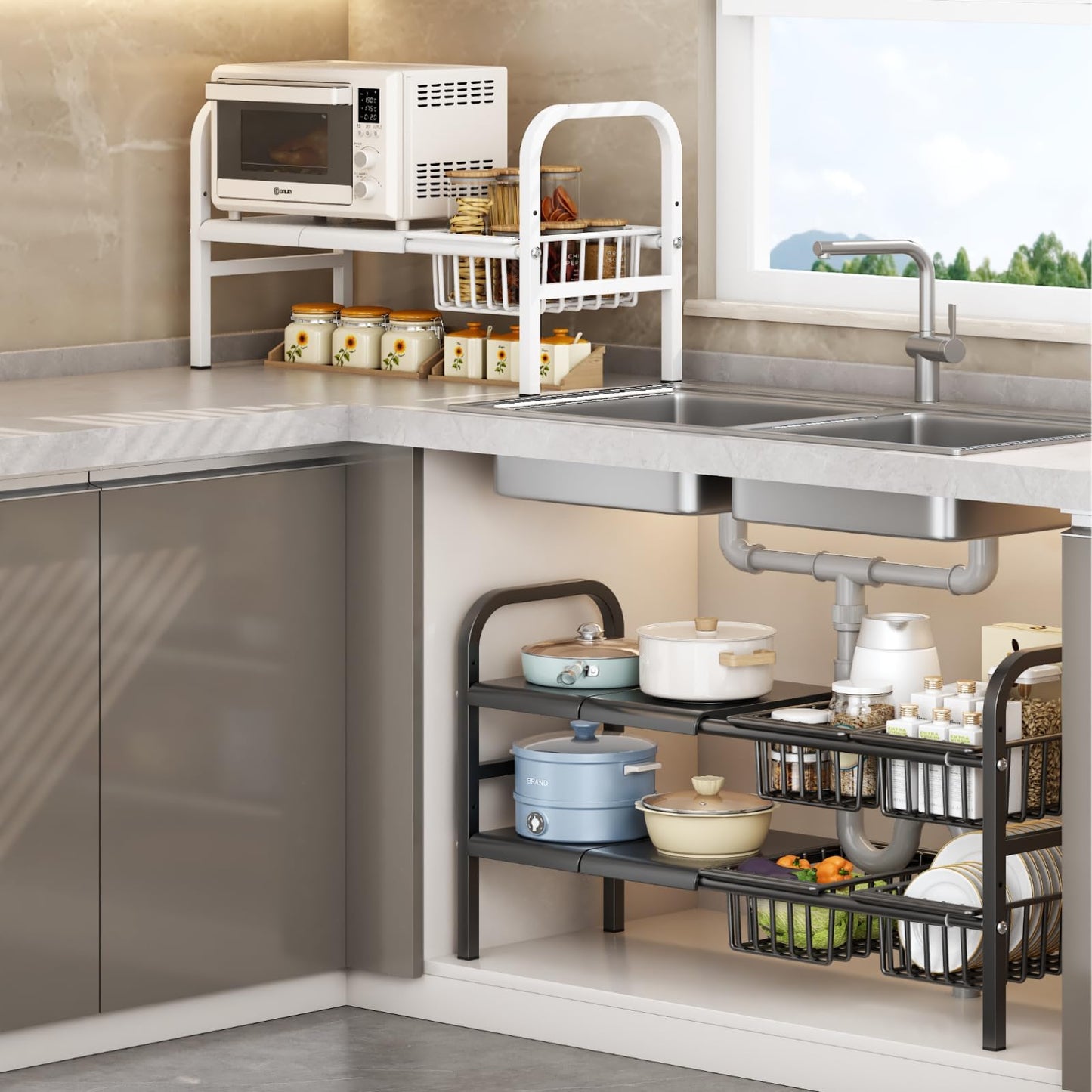 Fliqor Under Sink Organizer,2 Tier Expandable Heavy Duty Metal Shelf,with 5 Removable Panels and 5 Storage Basket for Under Kitchen Bathroom Sink Organizers and Storage(Black, Large)