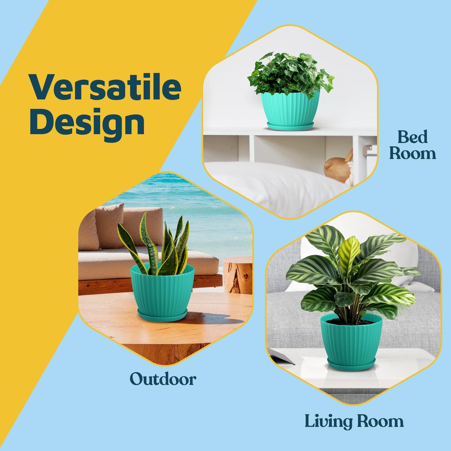 Aqua 6-Inch Plant Pots with Drainage & Saucers 12 Pack, Indoor & Outdoor Planters for Houseplants, Herbs, and Flowers, Durable & Weatherproof Material, Stackable, Lightweight, Minimalist Design
