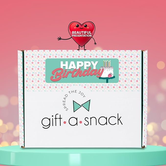 Gift A Snack - Happy Birthday Snack Box Variety Pack Care Package + Greeting Card (60 Count) Bday Sweet Treats Gift Basket, Candies Chips Crackers Bars - Food Assortments Assortments & Variety Gifts