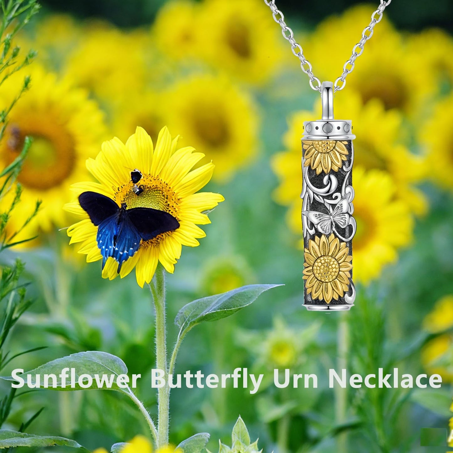 POPLYKE Sunflower Butterfly Filigree Urn Necklace for Ashes for Women Sterling Silver Cremation Necklace for Ashes Keepsake Jewelry for Human Men