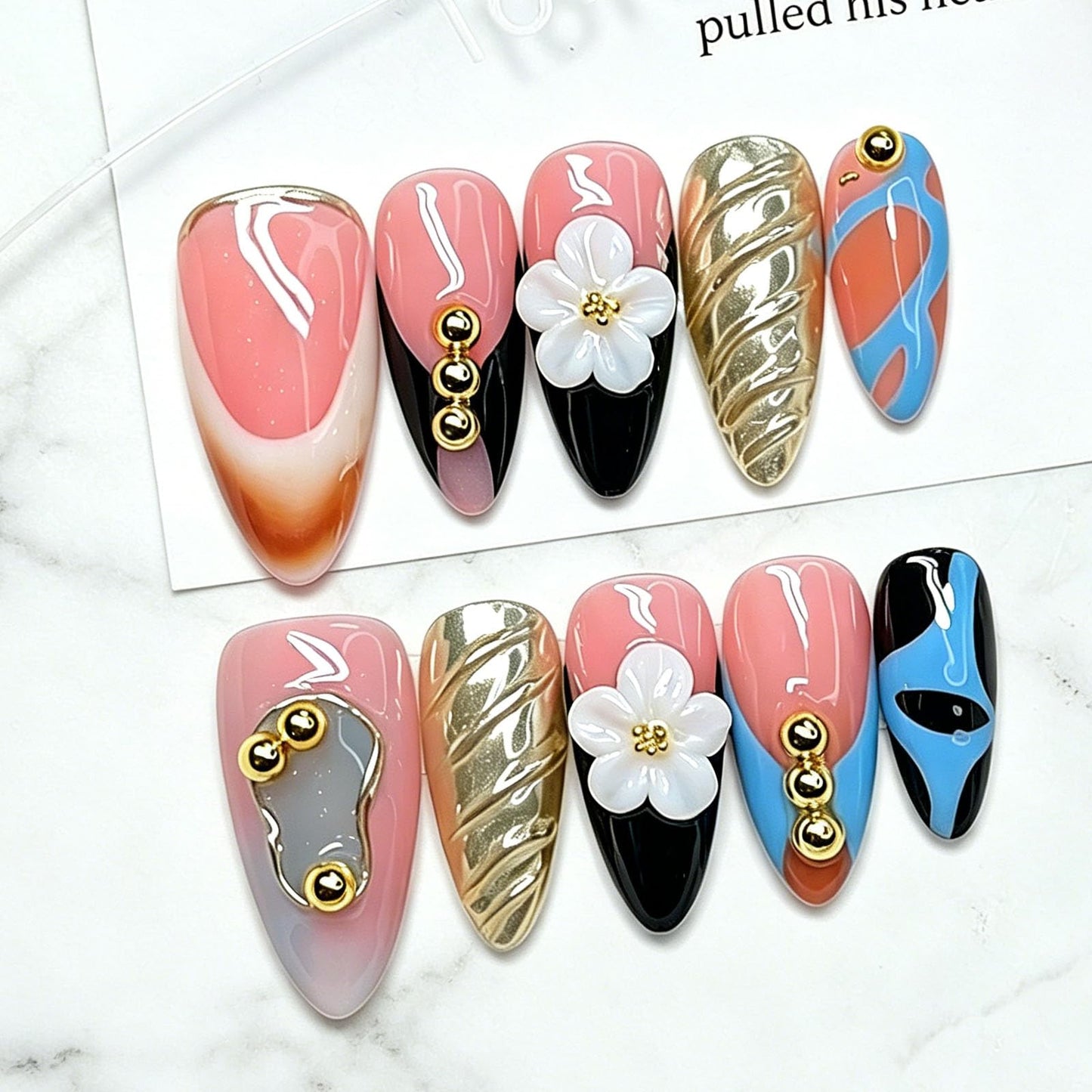 10 Pcs Handmade Press on Nails Medium Almond Fake Nails with White 3D Flower Curves Design Black French Tip Acrylic False Nails Medium Almond Press Ons Nails Pink M Size for Women