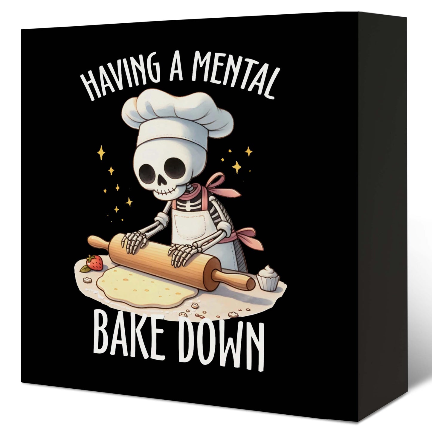 LUKIPOM Funny Kitchen Signs,Gifts for Bakers, Black Having a Mental Bake Down Skeleton Funny Baking Wood Sign for Home Kitchen Bakery Desk Shelf Table Decor,5x5 Inch