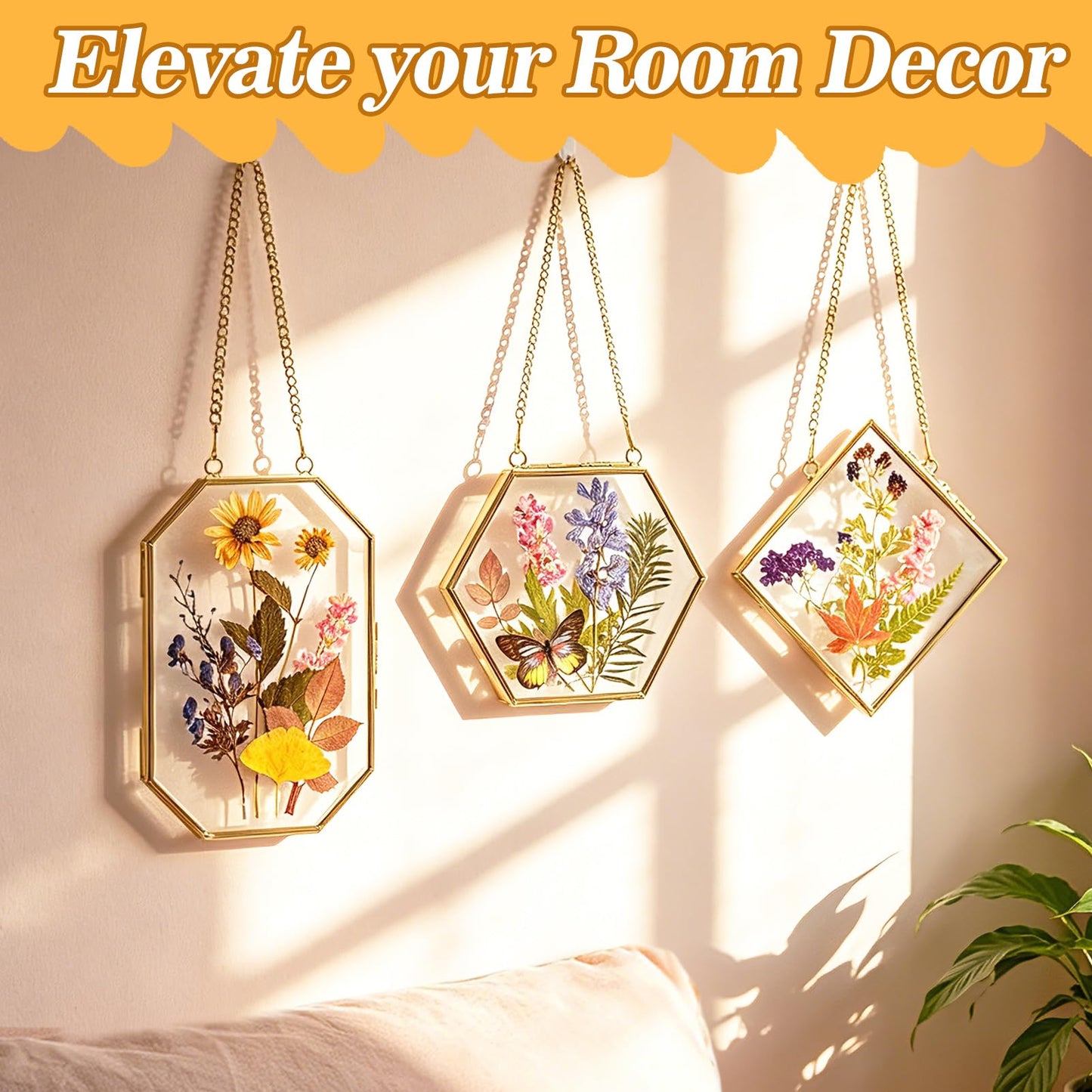 Apipi Pressed Flower Frame Gifts for Mom, Hanging Glass Frames for Crafts Photo Picture Display, Sturdy Chain Floating Wall Art for Home Decor, 3 Pcs