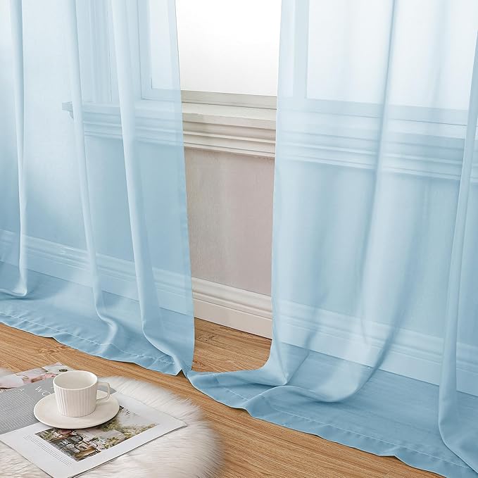 Aiyufeng 2 Pack: Basic Sky Blue Sheer Curtain Drapes 45 Inch Length 2 Panels for Living Room, Light Filtering Voile Drapes for Bedroom, Patio, Sliding Door, Each 42" W x 45" L
