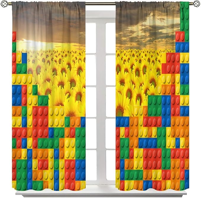 Colorful Building Blocks Sunflower Flower 3D Toy Printed Curtains, Building Blocks, Floral Sunflower Curtains, Interesting Brick 3D Design, Boys and Girls Room Curtain Panels, 2 Panels 42x63in