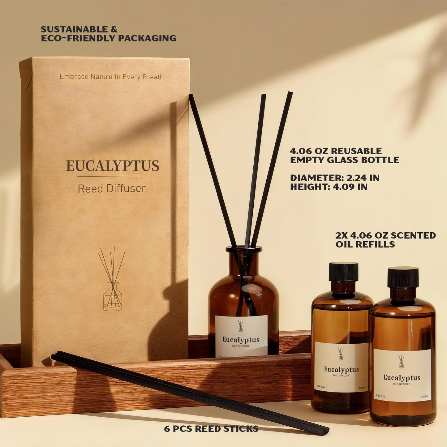 Reed Diffuser Set, 8.12 fl.oz Eucalyptus Scented Diffuser with Sticks, Up to 120 Days, Home Fragrance Reed Diffuser for Bathroom Shelf Decor & Room Freshener, 2 Pack