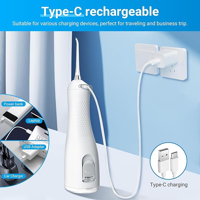 Portable Water Flosser for Teeth - 4 Modes Cordless Oral Irrigator with 300ML Tank, 360° Rotating Nozzle, 4 Jet Tips, Rechargeable, IPX7 Waterproof, Low Noise Gravity Ball Design (M159 - White)