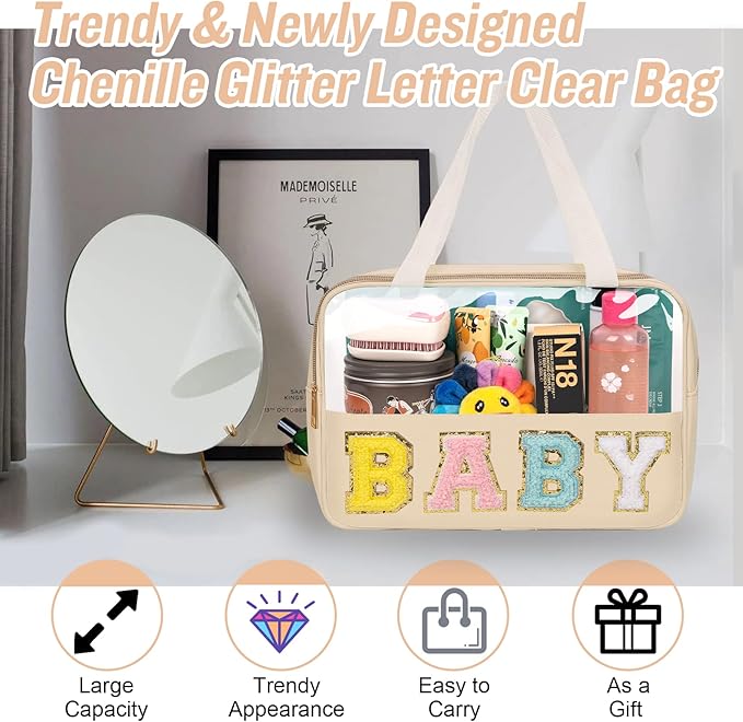 Preppy Clear Baby Makeup Bags with Chenille Letter Patches, Travel Essentials Large Clear Make up Bag Zipper Pouch with Handle, Waterproof Nylon Cosmetic Toiletry Storage Tote for Women (BABY-Beige)