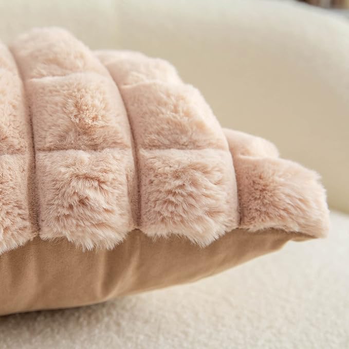 Neelvin Camel Faux Fur Cozy Soft Plaid Decorative Throw Pillow Covers 26x26 inch Set of 2,Velvet Pillowcase Cushion Case for Sofa Couch