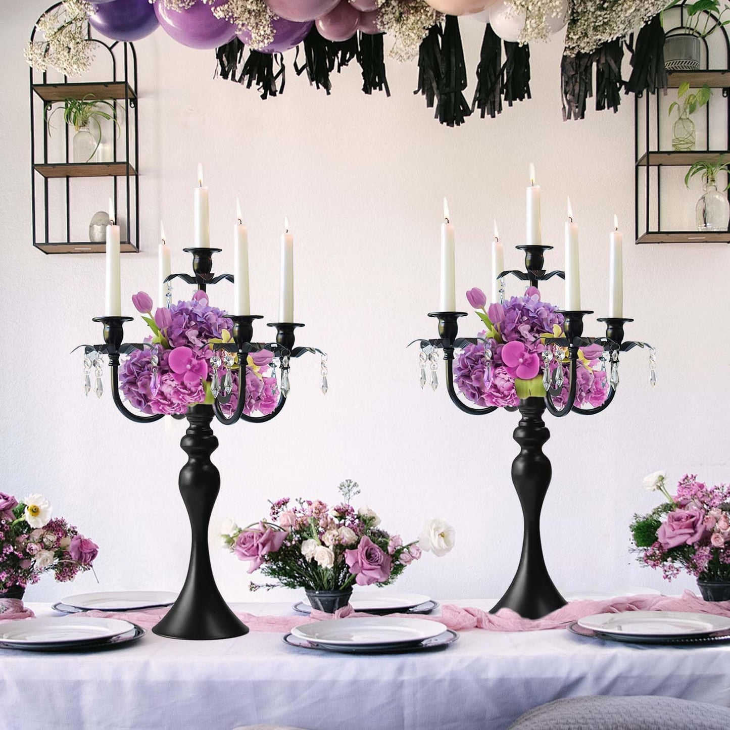 20''Tall Black Crystal Pendant Taper Candle Holders/Stylish Candle Stands/Candlesticks Holder/Candelabra for Home Decor, Weddings/Parties/Elegant Dining Table Centerpiece (1, Black)