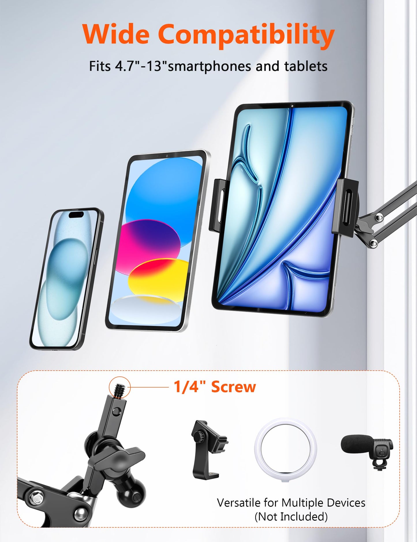 Evekea Tablet Holder for Desk, iPad Stand Phone Holder for Desk, Overhead Tablet Desk Mount for Bed with 360° Rotation, Compatible with iPhone iPad Kindle 4.7-13" Devices