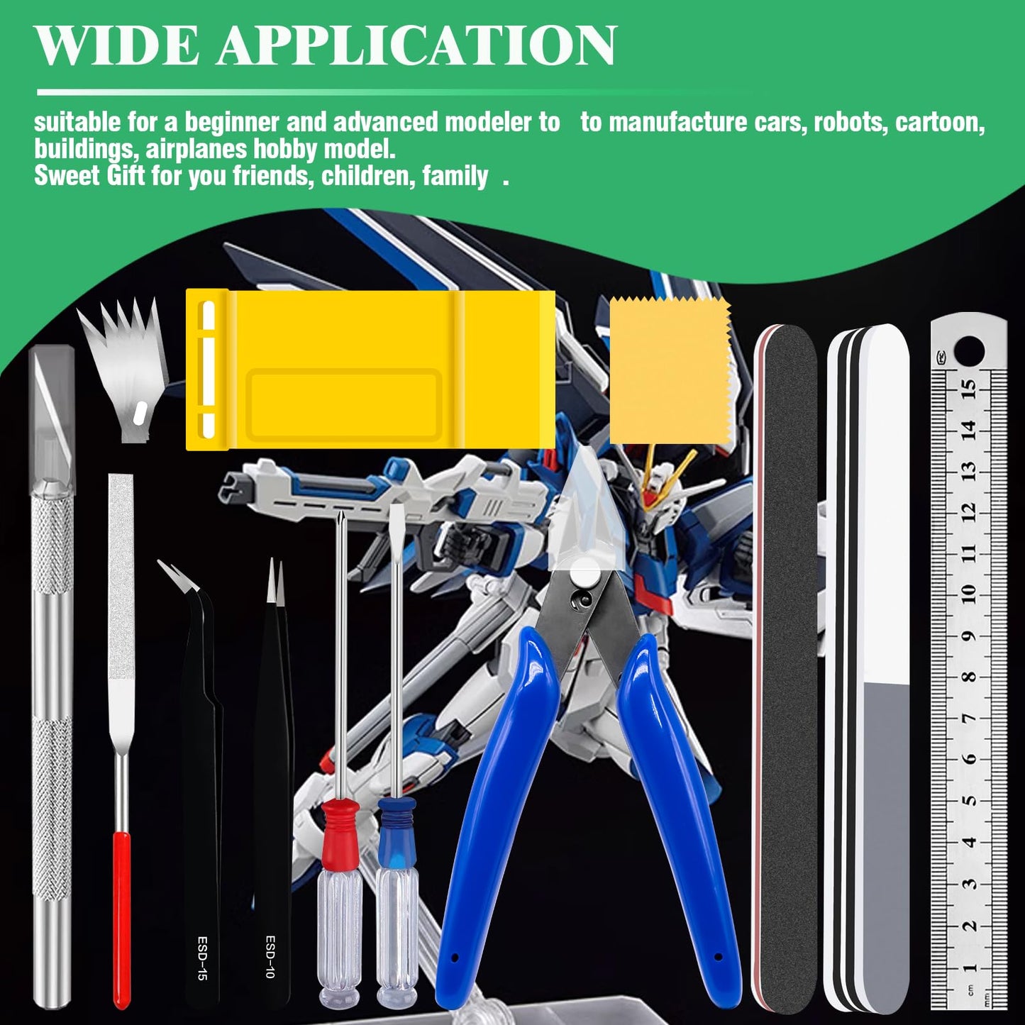 Yauhar 17Pcs Hobby Model Basic Tool Kit Contains Flush Pliers, Mini File, Crafting Knife with Replacement Blades, Tweezers, Professional Modeling Building Fixing Set for Gundam