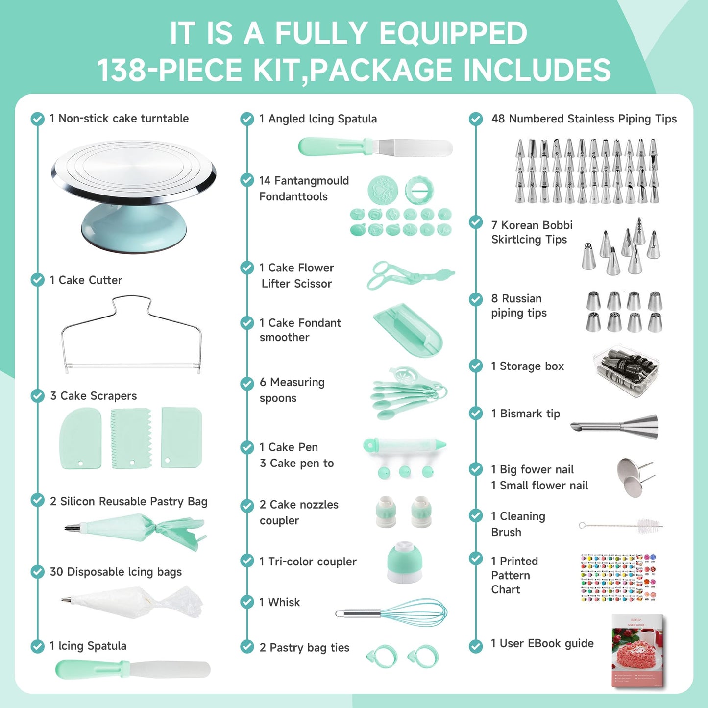 Cake Decorating Kit, 138pcs Cake Decorating Supply with 12 Inch Aluminium Cake Turntable, 64 Numbered Icing Piping Tips, 2 Spatulas, 3 Icing Comb Scraper and Leveller, Piping Bags,cake decorating tool