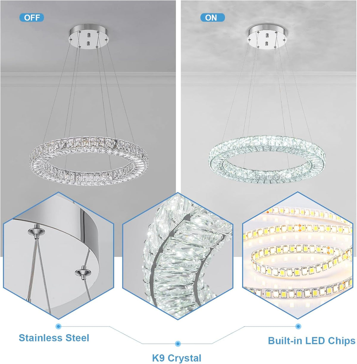 22" Chandelier Crystal Chandeliers Ceiling Light Fixture with Remote Control Flush Mount Ceiling Lights for Living Room Dining Room Bedroom(dimmable)
