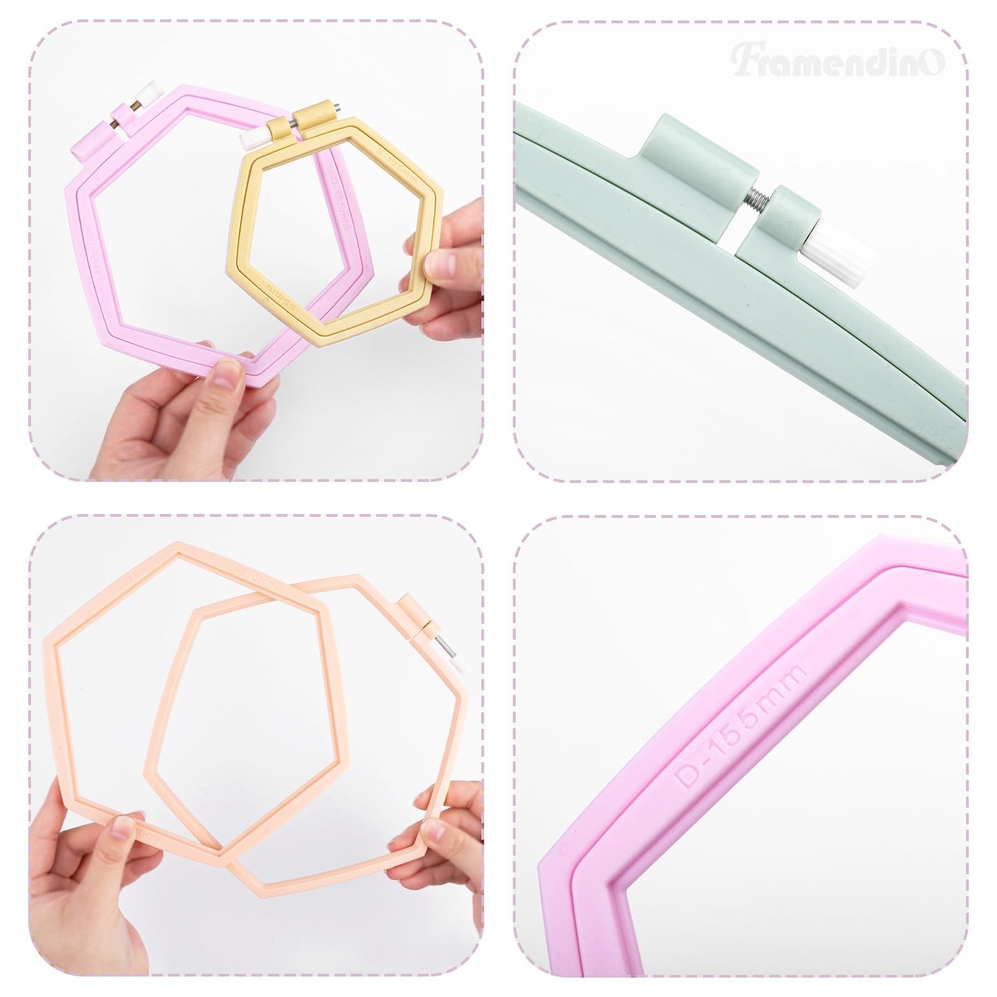 Framendino, 5 Pack Embroidery Hoop 5 Sizes Hexagonal Plastic Cross Stitch Hoops and Frames for Embroidery Craft Sewing
