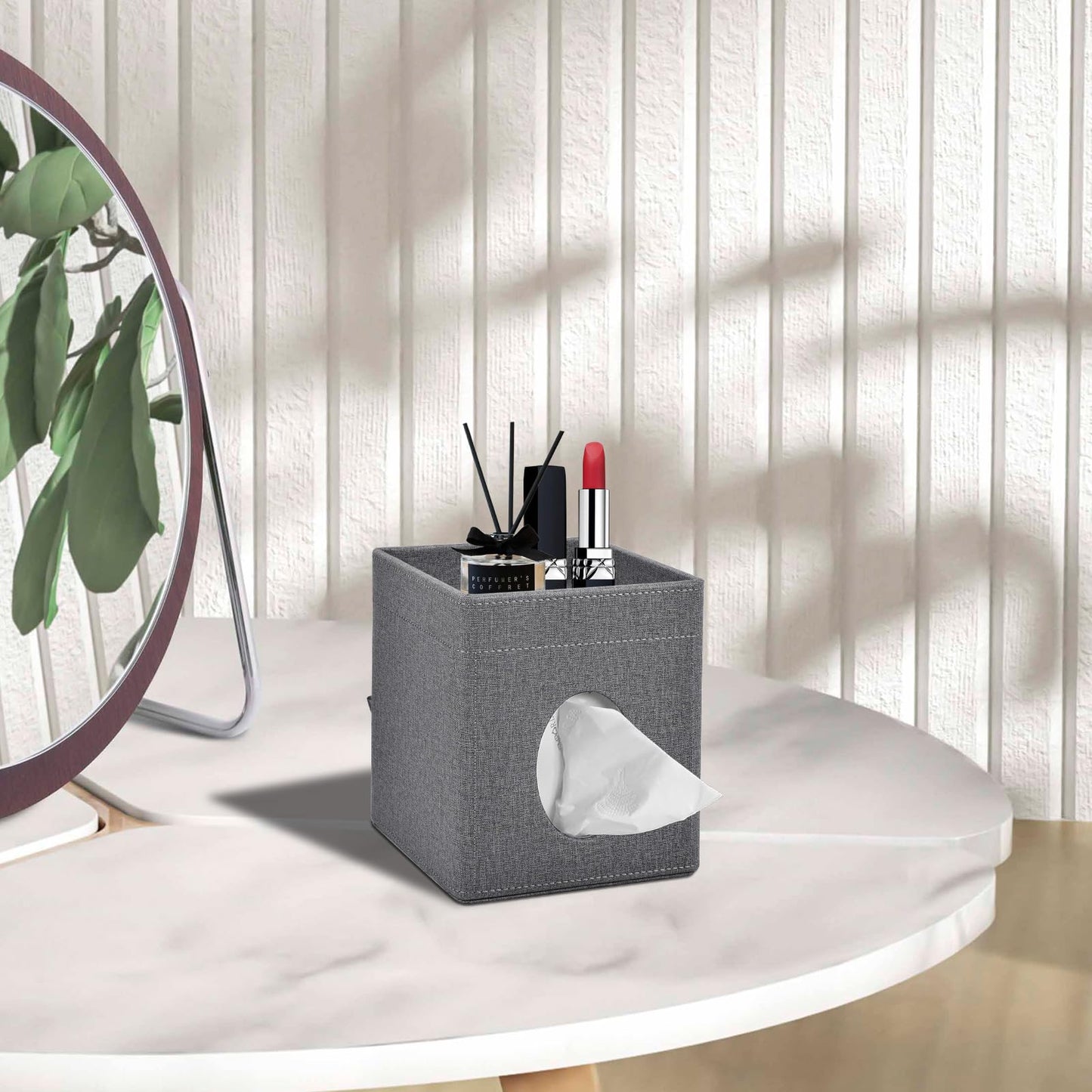 XNONE Tissue Box Cover with Storage Tray Square Tissue Box Holder PU Leather Facial Tissues Organizer Tray for Bathroom Vanity Bedroom Office Car,Stylish Napkin Caddy Decorative Organizer (Grey)