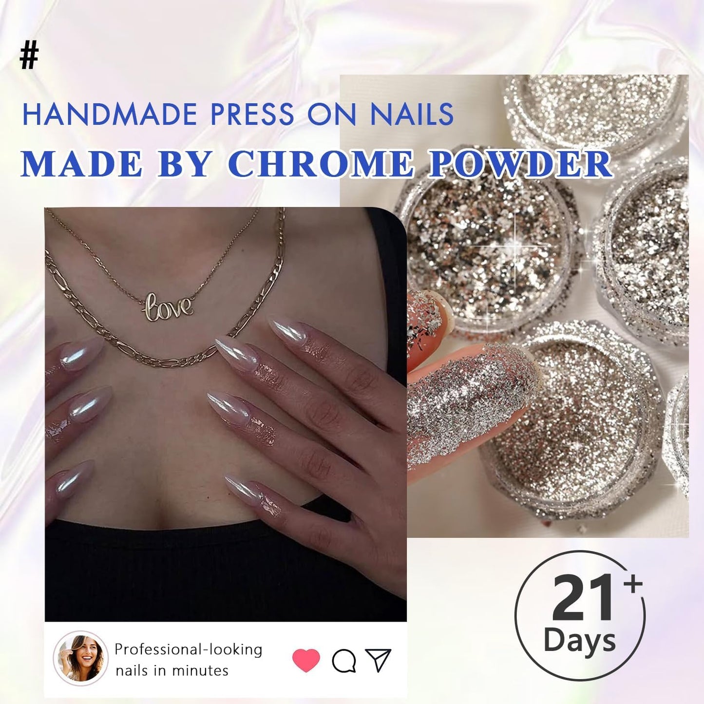Bright Pink Press On Nails Short Medium - KQueenest Chrome Press On Nails Square, Sparkle Acrylic Fake Nails Press on Mirror Shine, Glazed Glue on Nails Short, Natural Stick On Nails for Women 24 Pcs