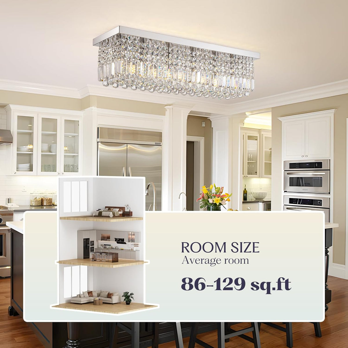 Rectangular Chandelier, Flush Mount Rectangle Chandelier Modern K9 Crystal Chandeliers Light Fixture, 6-Lights Raindrop Crystal Pendant Ceiling Light for Dining Room Bedroom Bar Club L31.5 Inch