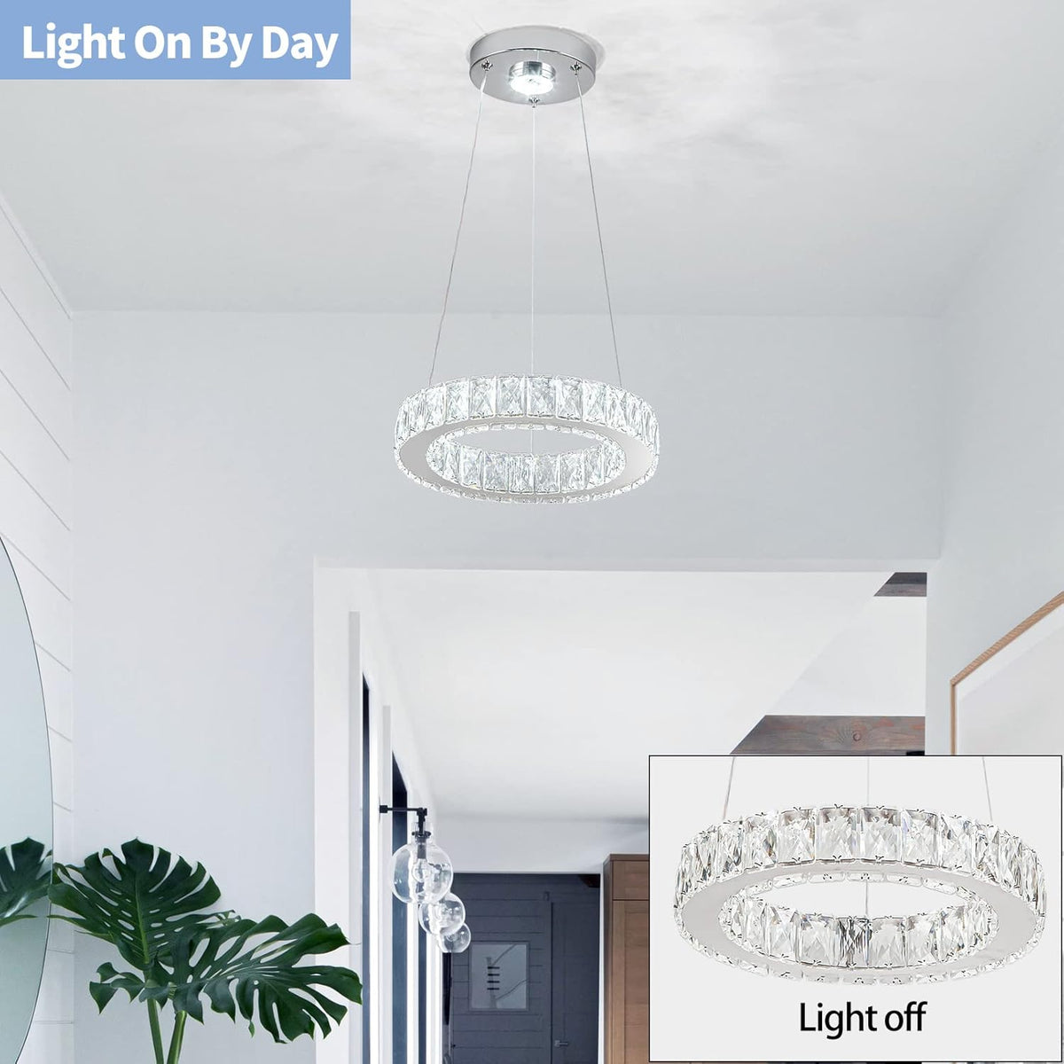 11.8" Crystal Chandelier LED Round Flush Mount Ceiling Light Fixture Modern Hanging Pendant Lighting Mini Ring Chandeliers for Dining Room Kitchen Island Hallway Bathroom (Cool White)