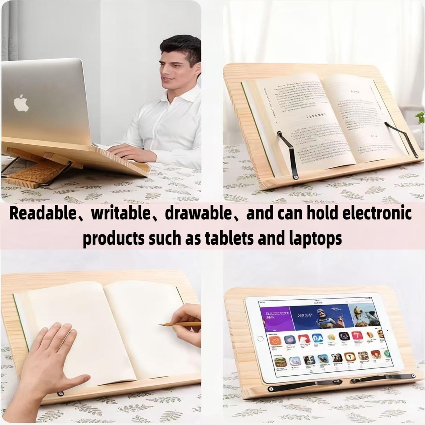 Reading Rack Wooden Bookshelf - Book Stand Foldable with 8 Adjustable Positions and Page Clips,Suitable for cookbooks、iPads、laptops、Sheet Music、and Reading Stands (13.4x9.45inch)