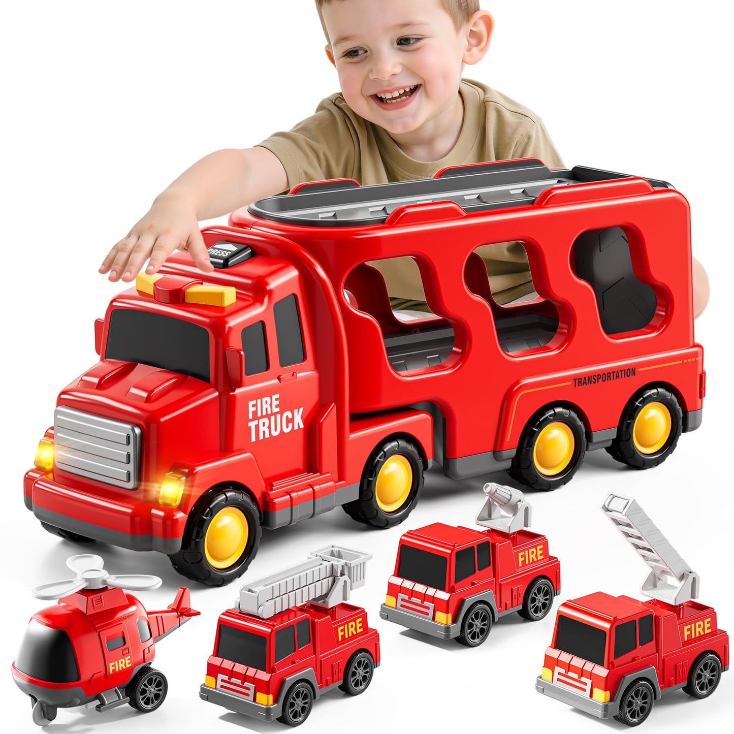 Bennol 5-in-1 Fire Trucks Toy Set for Boys Age 1-3 3-5, Fire Car Truck for Toddlers 1 2 3 4 5 6 Years Old, Christmas Birthday Gift Car Sets with Light Sound
