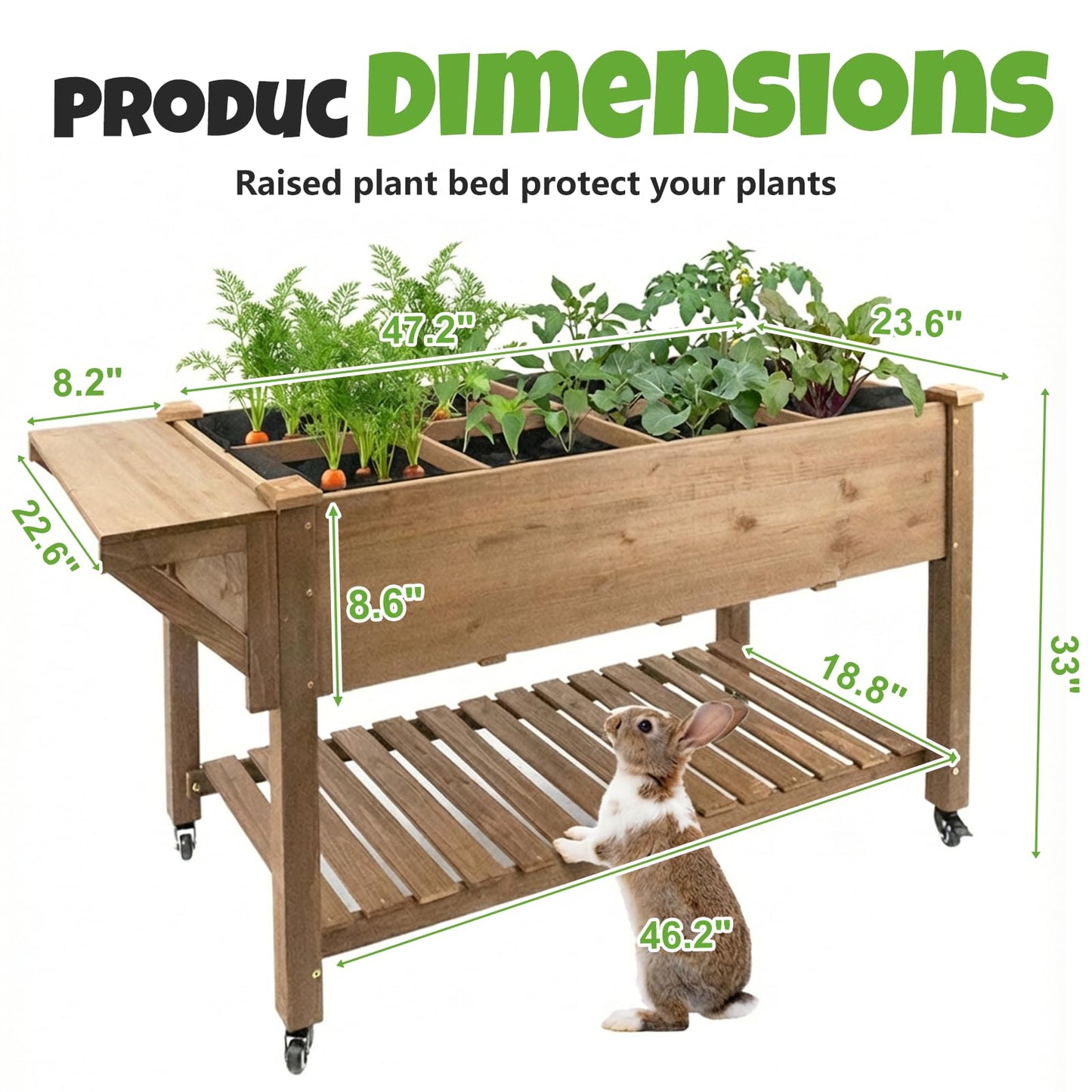 33"H Raised Garden Bed with Wheels, Ergonomic Elevated Wood Planter Box with Shelves and Root Drainage, Upgraded Metal W-Shaped Sturdy, Ideal for Vegetable Herb Flower, Backyard Balcony Patio