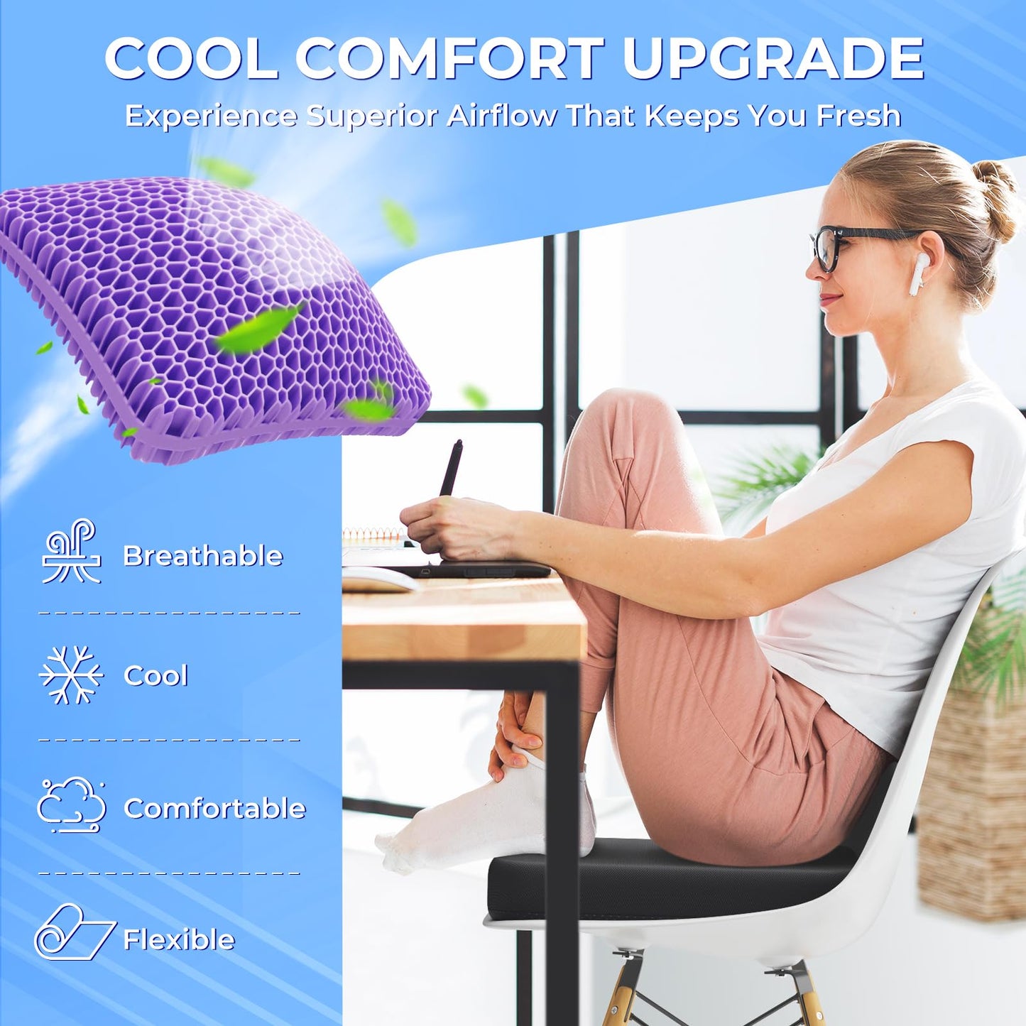 TushGuard Gel Seat Cushion for Long Sitting, Enlarged & Thickened Patent Design, Breathable Cooling for Office Chair, Soft Car Seat Cushion for Wheelchair (Standard, Black)