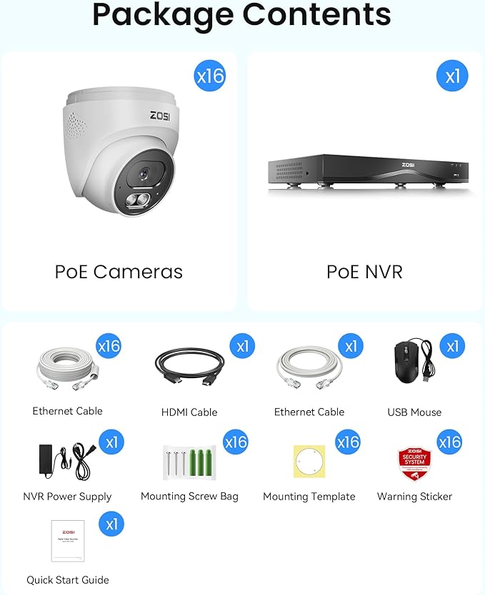 ZOSI C220 4K 8MP 16CH POE NVR Security Camera System (32CH Expandable), 16 x 8MP PoE IP Cameras Outdoor Indoor, 24/7 Recording, AI Human/Vehicle/Face Detection, Two-Way Talk, Night Vision, 4TB HDD