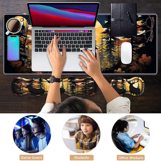 Ergonomic Keyboard Wrist Rest & Mouse Pad Wrist Rest Set, Large XXL Gaming Desk Mat 31.5"x 11.8" with Memory Foam, Easy Typing Pain Relief for Office & Home, American Flag Jungle Deer