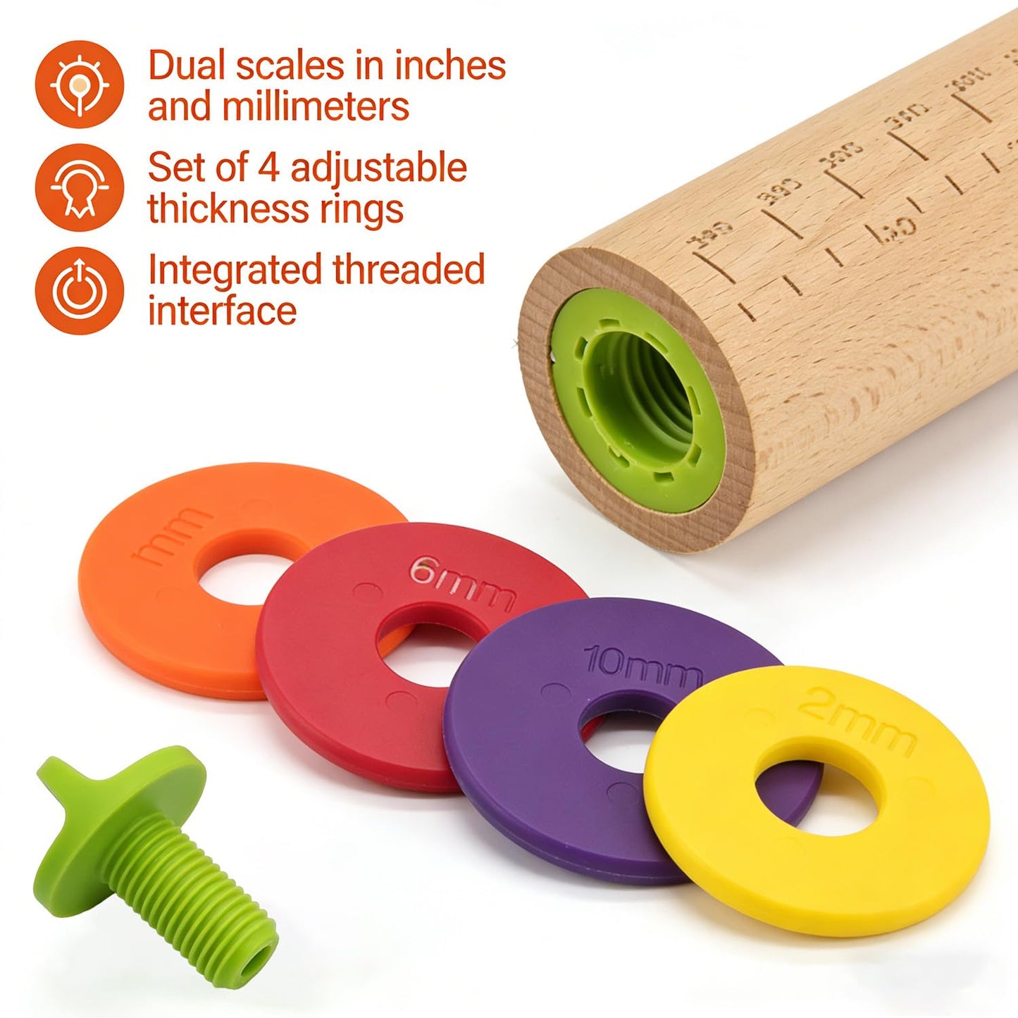 forusom Rolling Pin With Thickness Rings, Adjustable Wooden Rolling Pin Set, 17 inch Rolling Pins for Baking, Biscuit, and Dough Kneading, Pizza Dough, Paster Roller