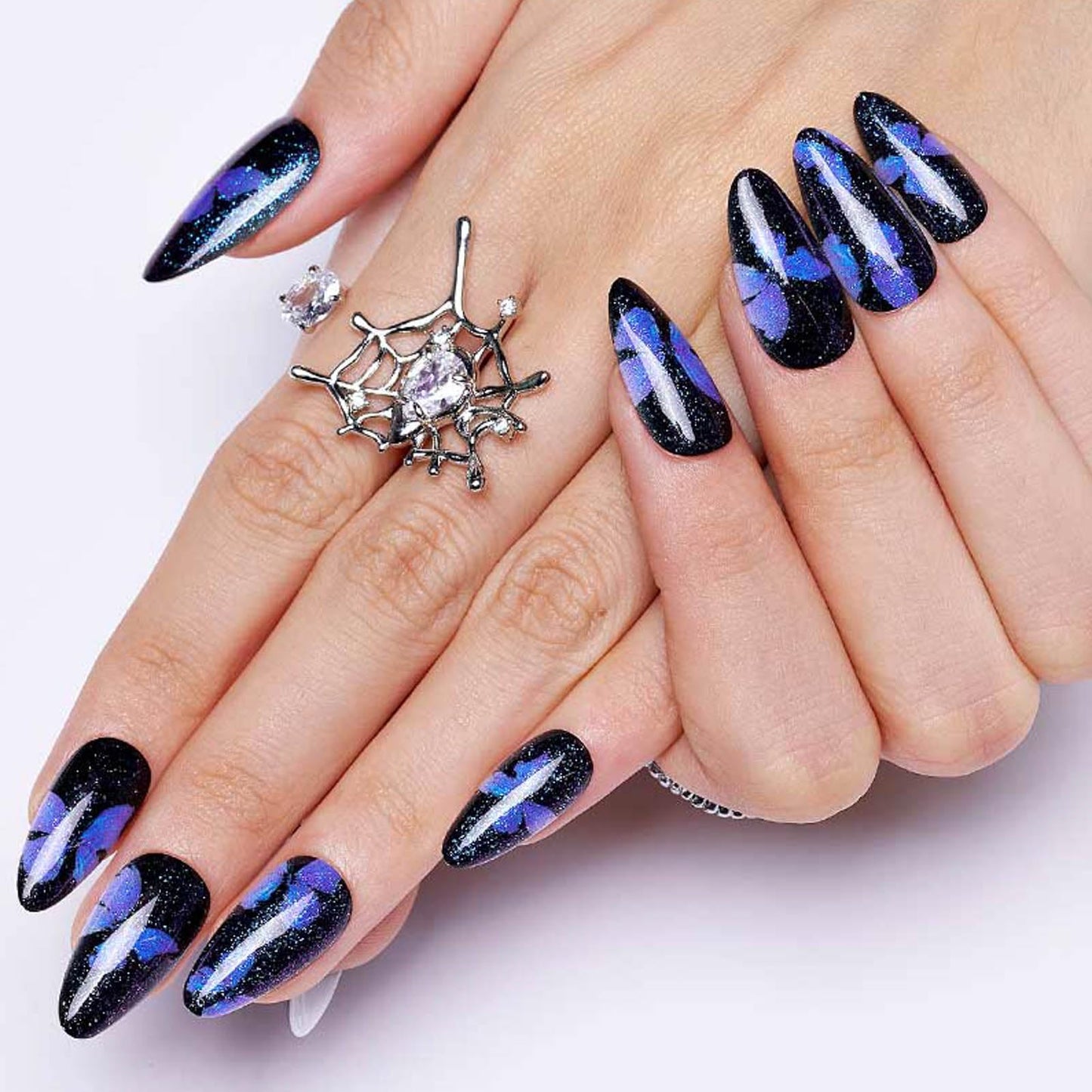 GLAMERMAID Press on Nails Almond,Gothic Blue and Nude Glue on Nails Set,48 Pcs Glossy Short Press on Nails with Butterfly Design,False Nails for Women Girls Gift