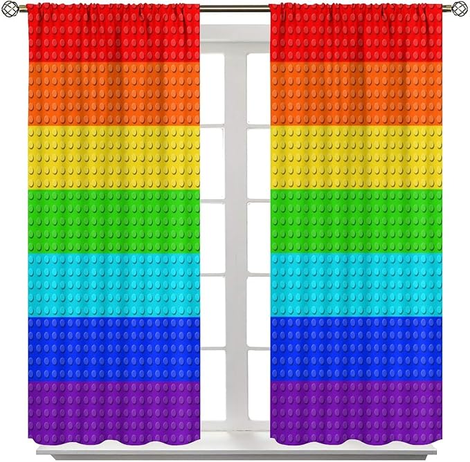 Colorful Building Block Toy Curtain Rod Pocket Children's Nursery Rainbow Contour Plastic Toy Brick Geometric Print Pattern Curtain Boys Girls Bedroom Playroom 2 Panels 55x63in