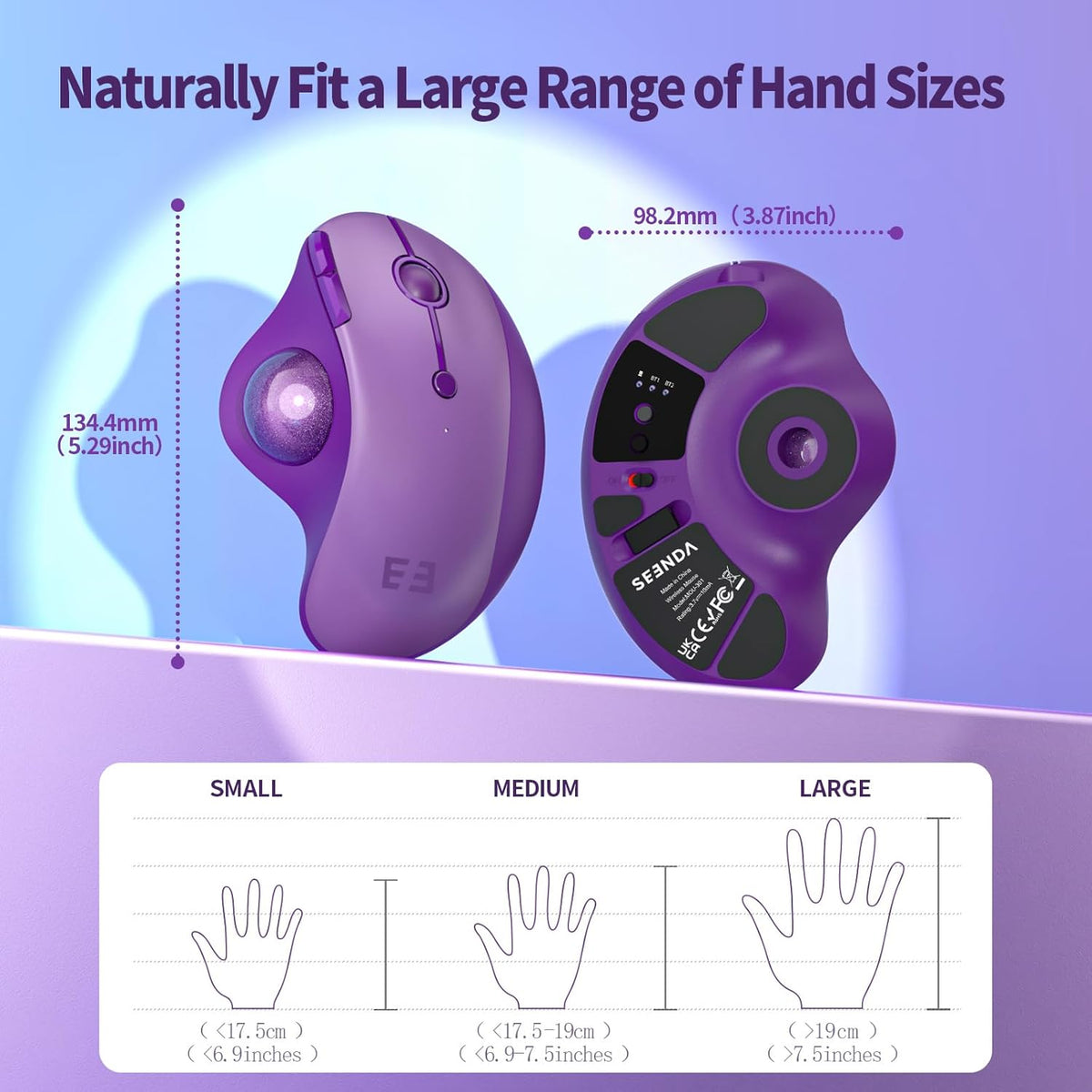 seenda Wireless Trackball Mouse, Bluetooth Rollerball Thumb Control Mice Ergonomic, Rechargeable, Multi Devices Connection Compatible for Mac/Android/Windows Computers - Purple