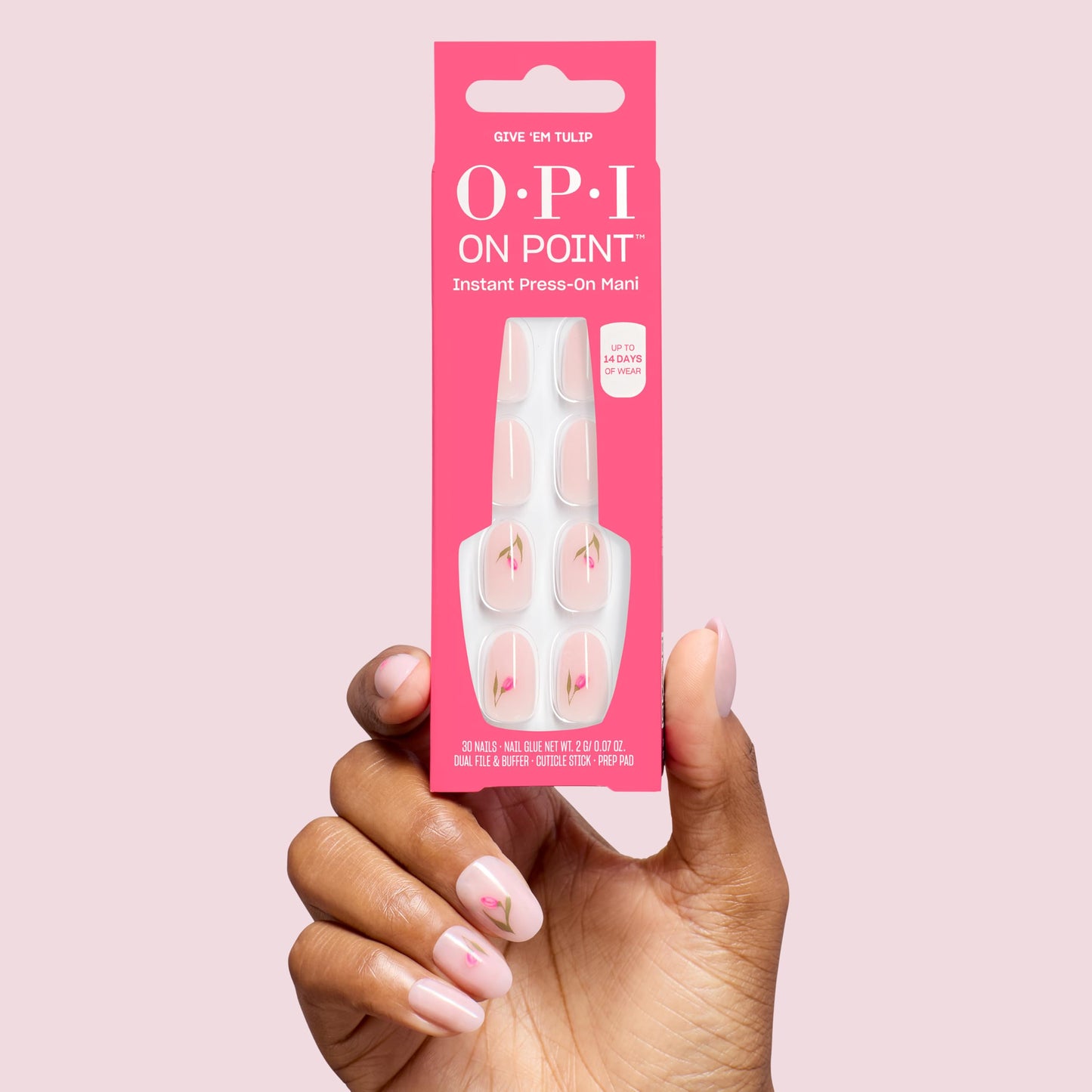 OPI On Point Give ‘Em Tulip | Short Round Opaque Neutral Floral Nail Art Press On Nails | 30 Count with Glue | Long Lasting, Reusable, Non-damaging | Spring 2026