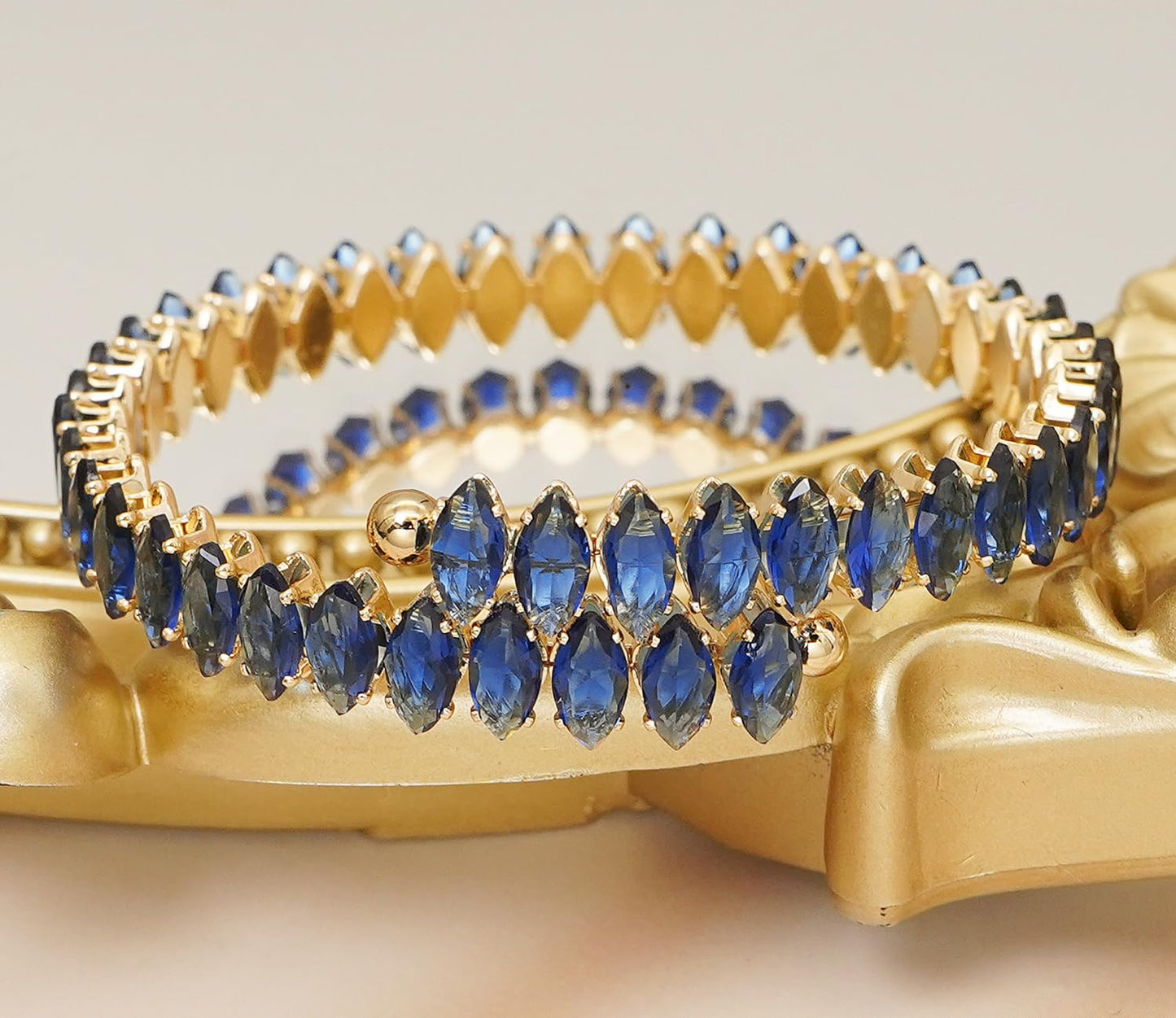 Wovanoo Rhinestone Cuff Bracelet Cubic Zirconia Tennis Bracelets Open Adjustable Elastic Bangle for Women Gold Blue