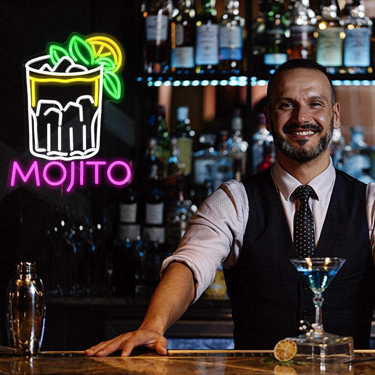 Mojito Neon Sign Mojito Cocktail Neon Light for Wall Decor Dimmable LED USB Powered Mojito Light Up Sign for Bar Club Party Home Bar Man Cave Living Room (16.7 * 12.8In)