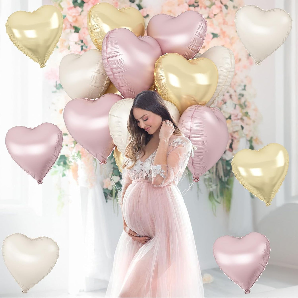 Dusty Pink Cream Heart Balloons, 12Pcs 18 Inch Retro Blush Pink Nude Apricot Beige Pastel Gold Neutral Heart Shape Foil Balloon for Birthday Wedding Baby Bridal Shower Valentines Party Decorations