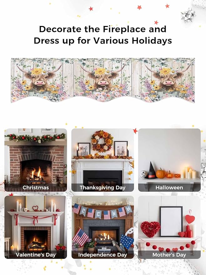 Spring Cow Floral Fireplace Mantel Scarf Table Runner, Green Eucalyptus Leaves Grey Wooden Winter Garland Mantel Top Tablerunners Dresser Scarves Cover for Windows Party Living Room 90''x17''