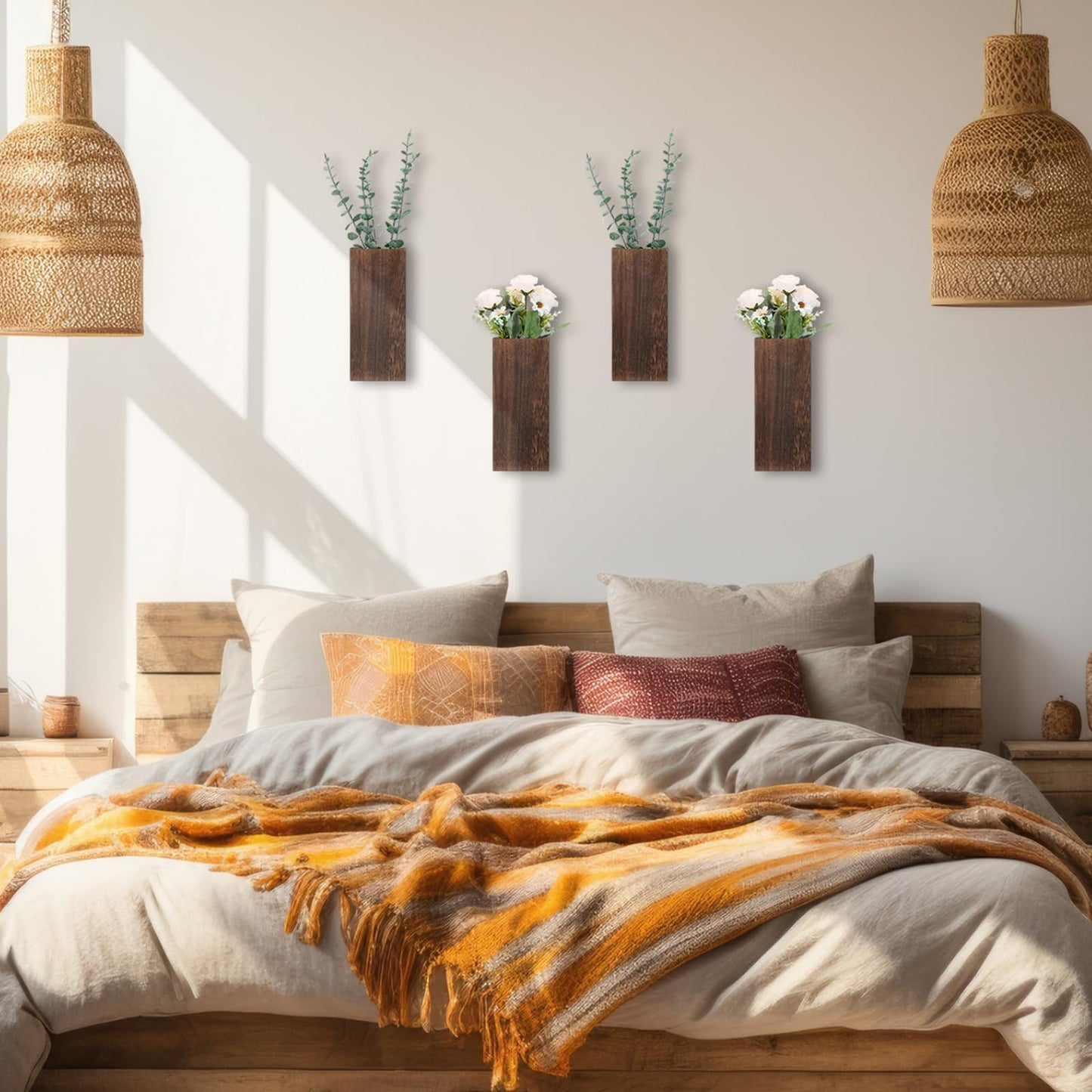 Ziliny 4 Pack Wood Wall Planter for Dried Flowers and Artificial Greenery Indoor Plants Holder, Wood Wall Decor Wooden Pocket Vase Modern Farmhouse Hanging Flowers for Living Room Bedroom Home