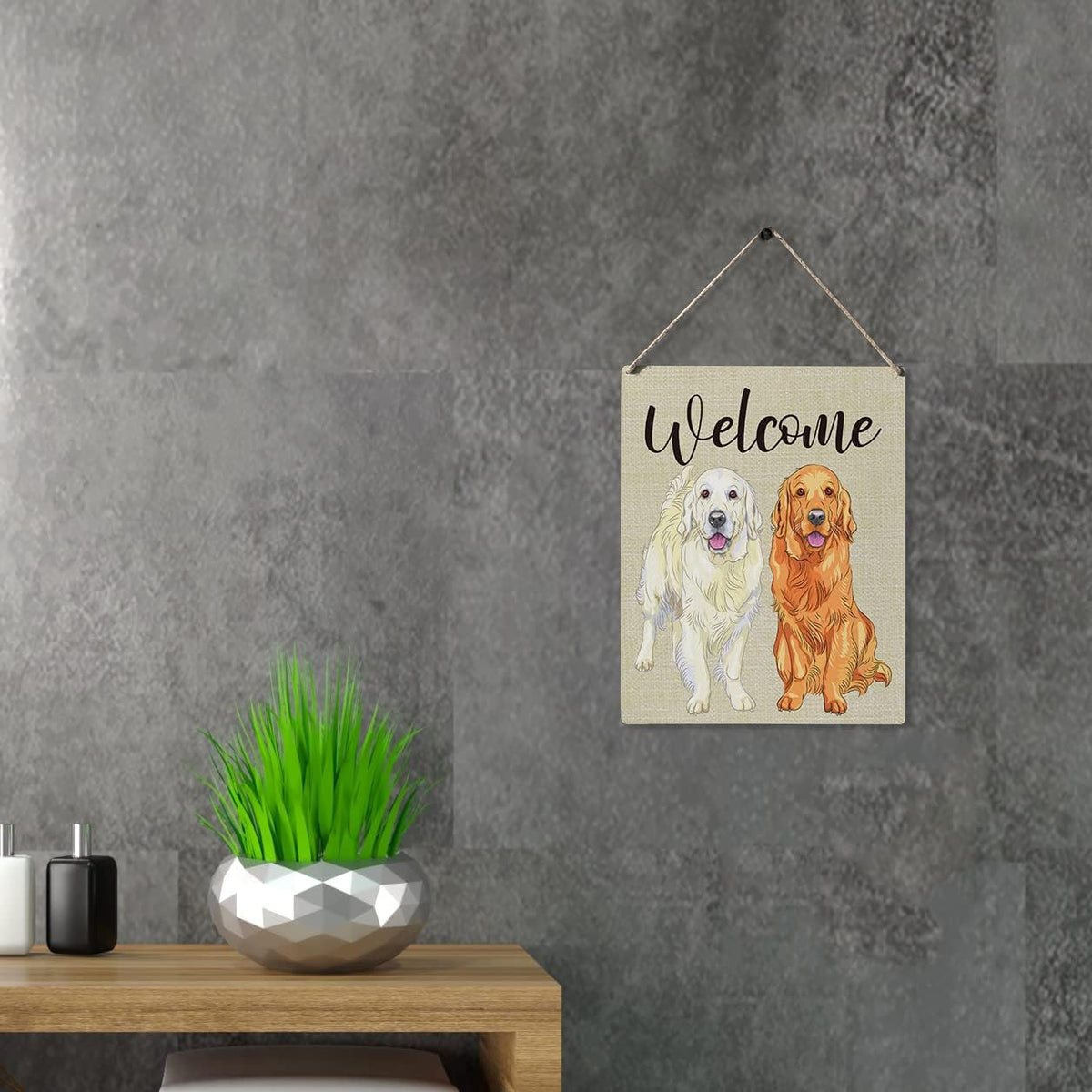 Qious Welcome Sign Gift Farmhouse Welcome Golden Retriever Wooden Hanging Sign Plaque Modern Wall Art Decor for Home Decoration 10 x 8 Inches