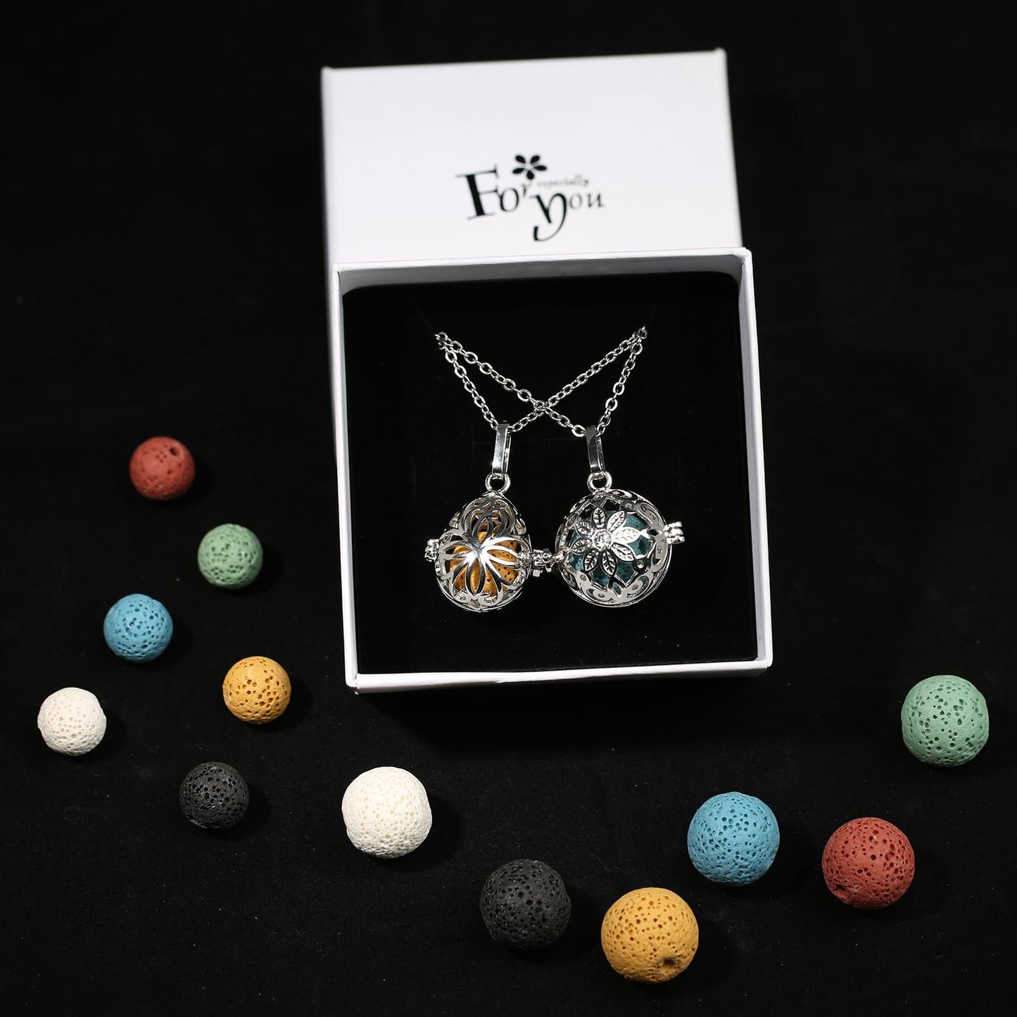 2 PCS Aromatherapy Essential Oil Diffuser Necklace Hollow Ball and Colored Lava Stone Pendant Necklace for Women