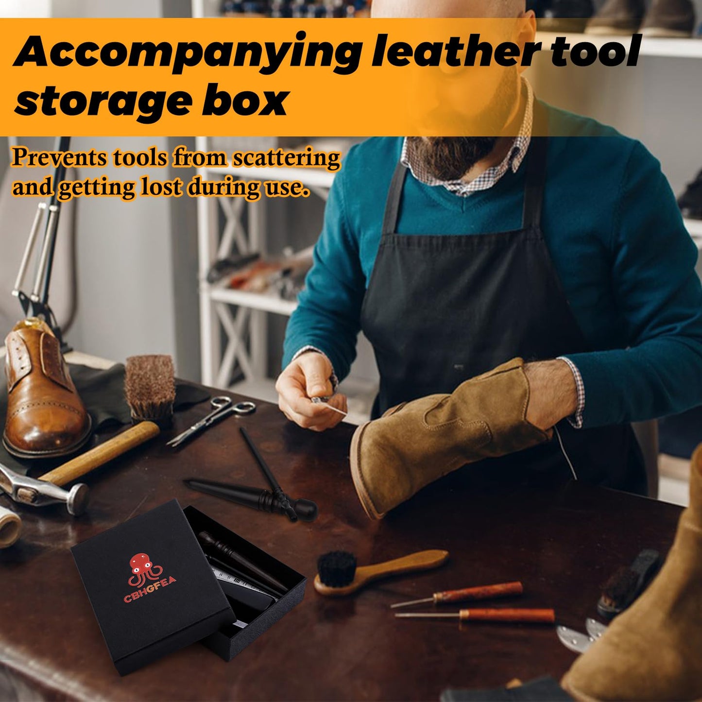 CBHGFEA Leather Working Tools Kit Includes Cutting Knife, Edge Burnisher, 1/2/4/6 Stitching Punch, Leather Compass Geometry Tool and Steel Ruler for DIY Leathercraft DIY Projects
