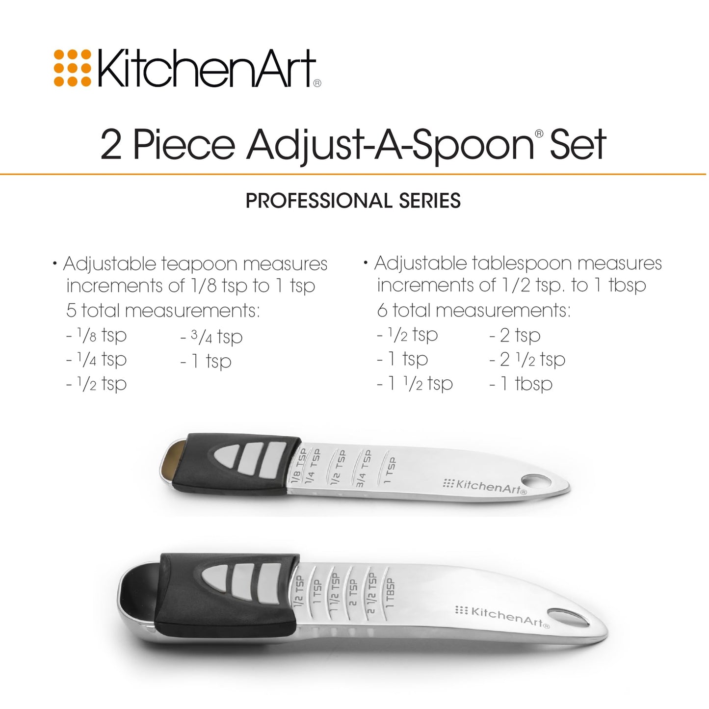 KitchenArt Stainless Steel Pro Sliding Adjust-A-Tablespoon and Teaspoon, Adjustable Measuring Spoon Set