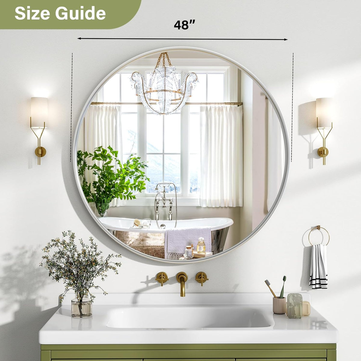 48 Inch Round Bathroom Mirror - Wall Mounted Circle Mirror with Metal Frame, Modern Mirror Suitable for Bathroom, Vanity, Entryway, Living Room, Wall Decor,Silver