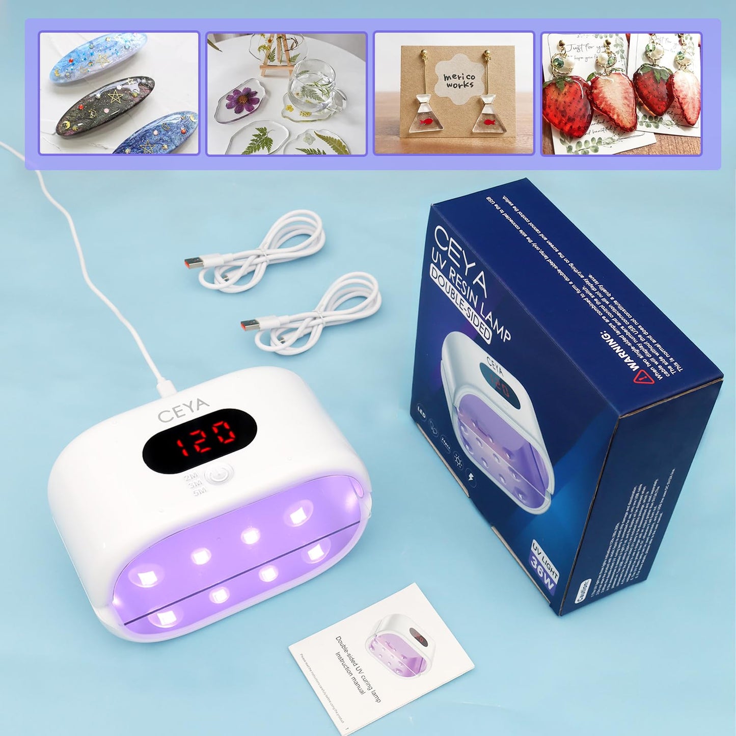 ceya UV Light for Resin,Double-Sided uv Resin Lamp 36W Fast Curing with 2pcs USB Cable,Digital Display (2M 3M 5M),UV Lamp 360° Coverage for Curing, Molds, Jewelry Making, DIY Craft
