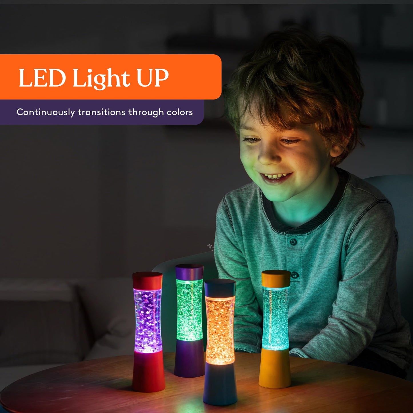 Special Supplies Light-Up Glitter Sensory Tubes – 4-Pack - Liquid Motion Timers for Stress Relief, Focus, and Relaxation - Colorful Calm Down Bottles for Kids and Adults - Leakproof, Ages 3+