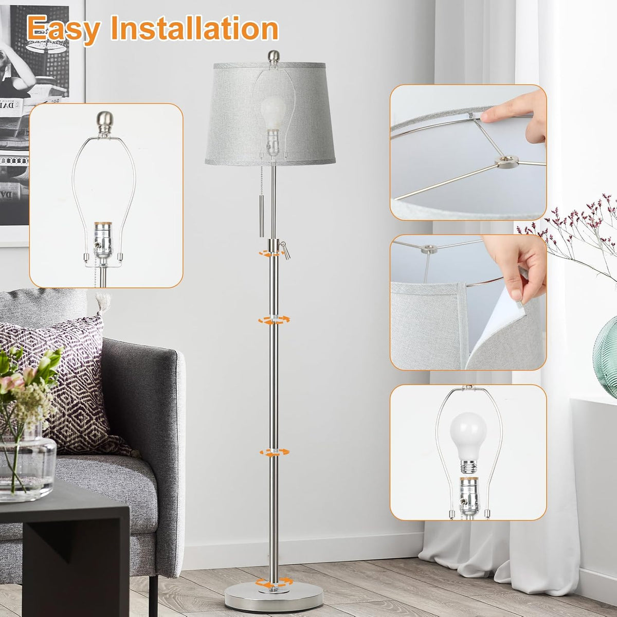Floor Lamp for Living Room,Adjustable Height Standing Lamp,Dimmable Modern Floor Lamps for Bedroom Office Tall Floor Lights with Pull Chain Bulb Included-Silver Gray Shade